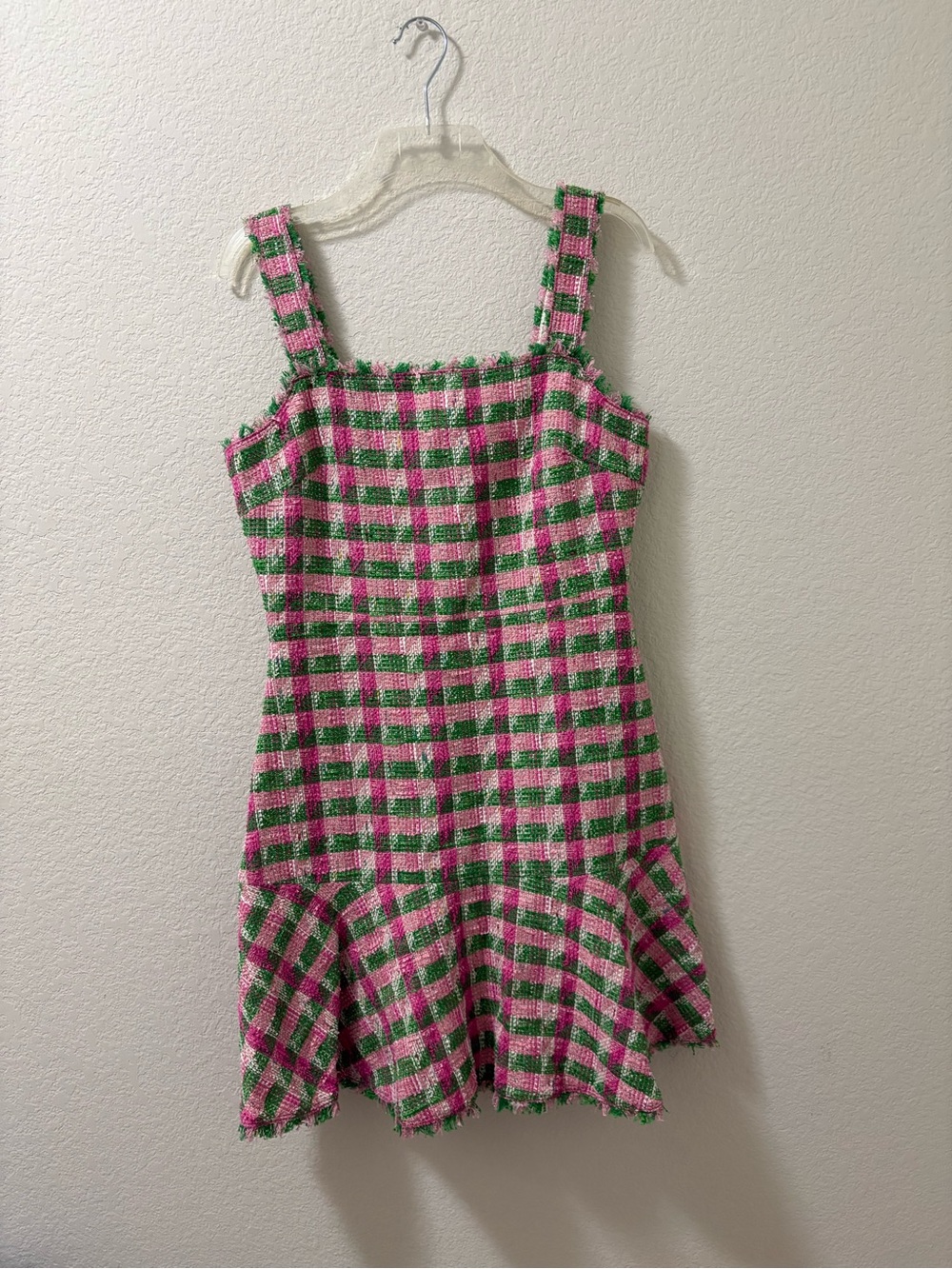 Kate Spade New York pink green plaid tweed frayed ruffle mini dress Size 10 NWOT